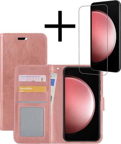 Hoesje - Met Screenprotector - Geschikt voor Samsung Galaxy S23 FE - Luxe Pasjeshouder - Bookcase Portemonee - Flip Case - Kunstleer Book Case - Flipcase - Book Cover - Walletcase - Portemonneehoes - Rosé goud