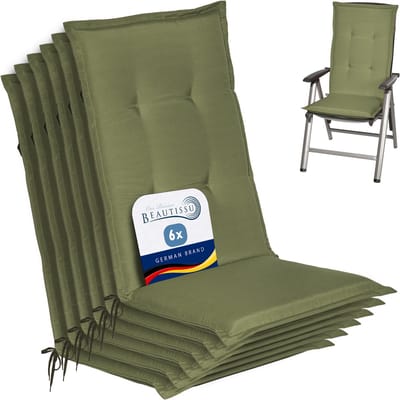 Beautissu Loft HL Stoelkussen Set 6x Hoge Rugleuning 120x50 cm Olijfgroen – Tuinstoelkussen UV-bestendig