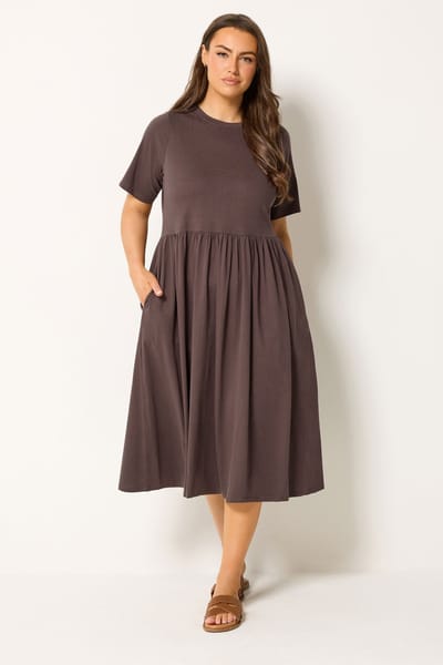 Yours Chocoladebruine Losvallende Jurk Met Smokwerk Size 42