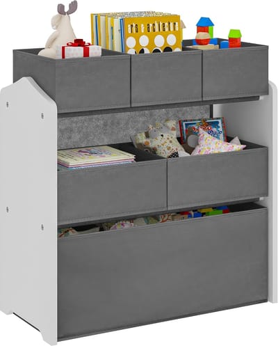 Opbergkast voor kinderkamer – speelgoedrek met 3 etages en 6 afneembare stoffen bakken, wit/grijs, 63 x 30 x 60 cm