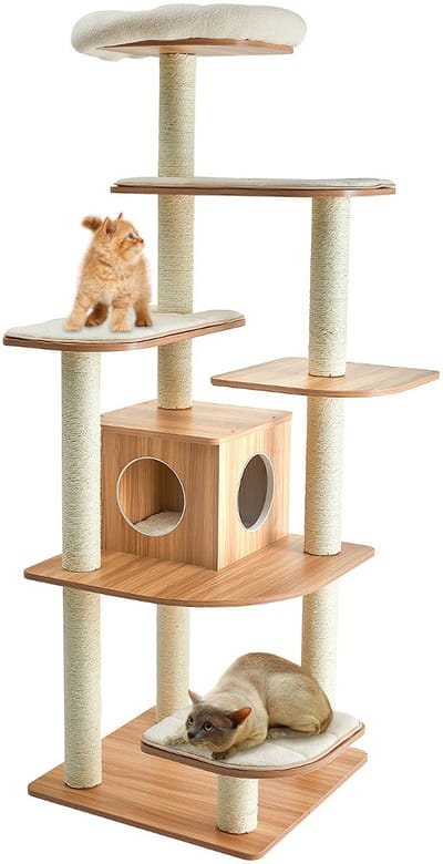COSTWAY Krabpaal en klimboom voor katten, 175 cm kattenkrabpaal, meerlaags platform kattenboom met hoogwaardige krasbestendige sisal touw kolom, kitten activiteit boom met ruim huis & nest