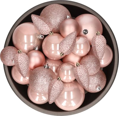 Kerstballen en dennenappels ornamenten - 32x st - lichtroze - kunststof - 6, 8 en 10 cm