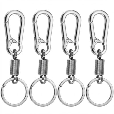 Zilverkleurige karabijnhaak sleutelhanger set van 4 stuks met metalen veer en sleutelring – sleutelhanger voor dames en heren – vintage geïnspireerde keychains met compacte clip en spiraalverbinding