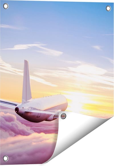 Gards Tuinposter Vliegtuig in de Wolken bij Zonsondergang - 40x50 cm - Tuindoek - Tuindecoratie - Wanddecoratie buiten - Tuinschilderij