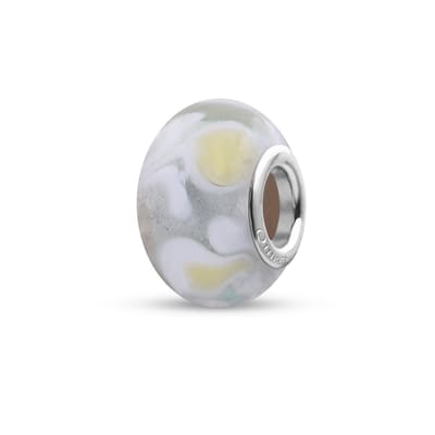 Quiges - Glazen - Kraal - Bedels - Beads Grijs met Witte Bloemen Past op alle bekende merken armband NG1953