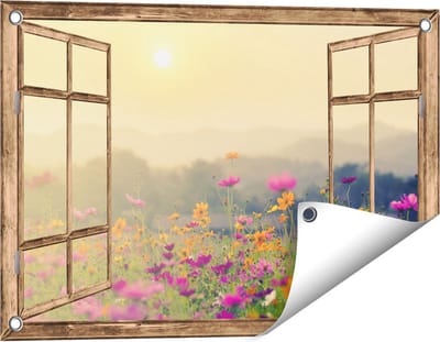 Gards Tuinposter Doorkijk Bloemenveld met Kosmos - Zonsondergang - 60x40 cm - Tuindoek - Tuindecoratie - Wanddecoratie buiten - Tuinschilderij