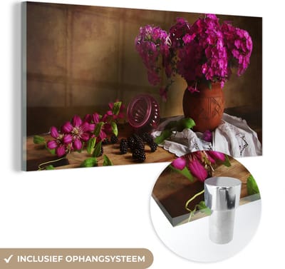MuchoWow® Glasschilderij 120x60 cm - Schilderij acrylglas - Rustiek - Bloemen - Roze - Vaas - Stilleven - Foto op glas - Schilderijen