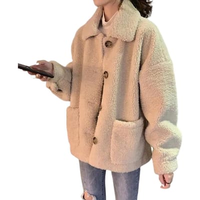 Effen Kleur Dames Jas Stijlvolle Reverskraag Winterjas met Zakken Dik Fleece voor Dames Enkelrijig voor Buiten S abrikoos