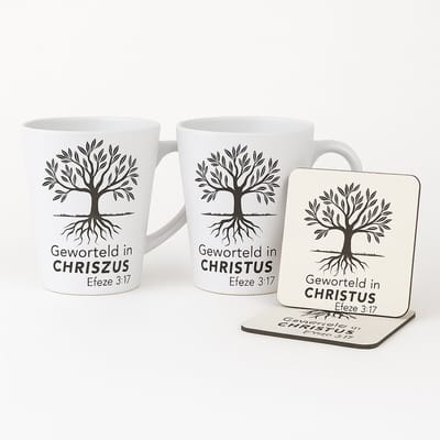 Bijbel - Mok - Gift set mokken & onderzetters – Geworteld in Christus – Bijbels cadeau – Christelijk cadeau – 2 keramische mokken + 2 onderzetters – Mok met bijbeltekst – Geloof geschenk – Cadeau geloof –