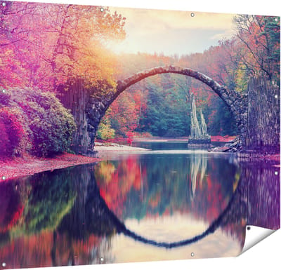 Gards Tuinposter Rakotz Brug in Duitsland in de Herfst - 150x120 cm - Tuindoek - Tuindecoratie - Wanddecoratie buiten - Tuinschilderij