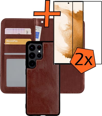 Hoes - 2 in 1 - Geschikt voor Samsung Galaxy S22 Ultra - Met 2x Screenprotector - En Uitneembare Hard Cover - Bookcase - Wallet Case - Met Pasjeshouder - Book Case - Uitneembaar - Pashouder - Kunstleer - Bruin
