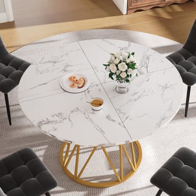 Ronde eettafel 100x100x76 cm - keukentafel - geschikt voor 4 personen - ronde salontafel - marmeren tafelblad - goudkleurig