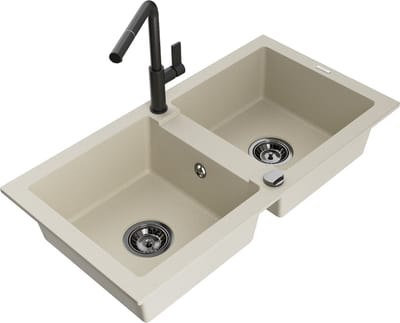 Mexen Mario granieten gootsteen 2-kamer met keukenmengkraan Flora, beige - 6504-69-670401-70-B