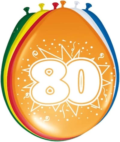 Folat Verjaardag leeftijd ballonnen - 80 jaar - 8x stuks - mix kleuren - feestartikelen/versiering