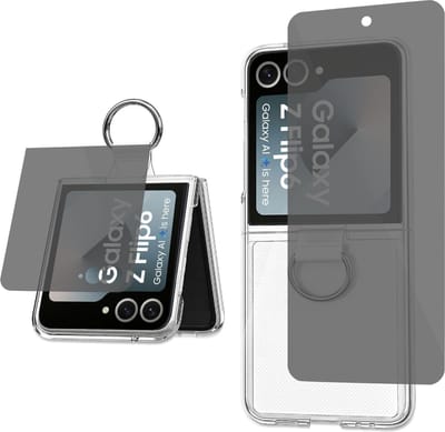 Hoesje + Privé Screenprotector geschikt voor Samsung Galaxy Z Flip 6 / Flip 7 FE – Privacy Folie - Extreme Shock Case – Ring Houder