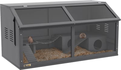 Houten Hamsterkooi - Knaagdierenhuis - Gerbil Kooi - Met Hangbrug - Transparante Voorkant - Te Openen Dak - Voor Knaagdieren - 100x52x50 cm - Donkergrijs