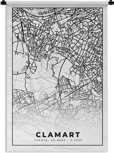 Wandkleed - Wanddoek - Frankrijk - Clamart - Plattegrond - Stadskaart - Kaart - Zwart wit - 120x180 cm - Wandtapijt