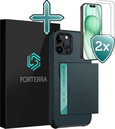 Hoesje Geschikt voor iPhone 15 Pro Pashouder Hard Case Hoes Met 2x Screenprotector - Hoes Geschikt voor iPhone 15 Pro Hoesje Back Cover Met Pasjeshouder - Donkerblauw