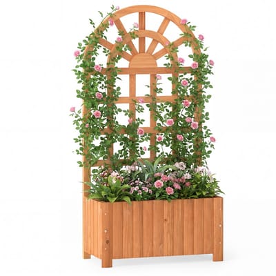 COSTWAY Bloembak met klimrek, plantenbak voor klimplanten, verhoogd plantenbed met klimrek en drainage, bloempot voor tuin, balkon of privacyscherm, houten tuinrek, 61 x 30 x 121 cm, bruin