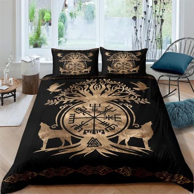 Viking Culture Germanique du Nord Loup Celtique Collection Linge de Lit Garçons Filles Jumeau Queen Size Housse de Couette Taie d'Oreiller Lit Enfants Adultes EU single(135x200cm)