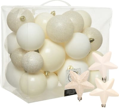 Kerstballen en sterren ornamenten - set 32x stuks - kunststof - wol wit