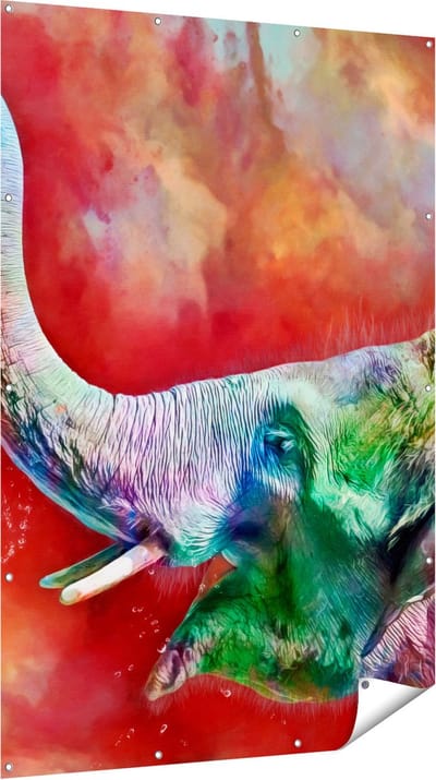 Gards Tuinposter Getekende Vrolijke Olifant - Abstract - 120x180 cm - Tuindoek - Tuindecoratie - Wanddecoratie buiten - Tuinschilderij