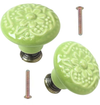 Meubelknoppen Set Limoengroen Keramiek met Bloem - 2x Groene ronde Kastknop met schroef - Vintage/Antiek handgreep voor deur en lade
