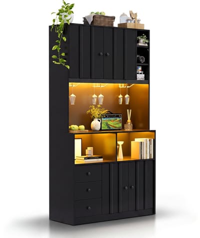 Keukenkast met LED Verlichting - Hoge Kast met Stopcontact en Wijnrek - Multifunctioneel Koffiebar Meubel - Voor Keuken en Eetkamer - 100x40x180 cm