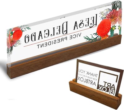 Gepersonaliseerd Naamplaat - Visitekaarthouder Bureau - Kantoor Decoratie - Acrylglas met Hout - 20x8 cm - Herfst Bloemen