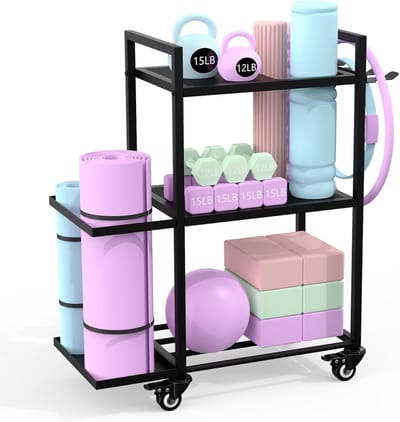 Multifunctionele halterstandaard met wielen en haken voor thuisgym, opslag voor halters, kettlebells en yogablokken