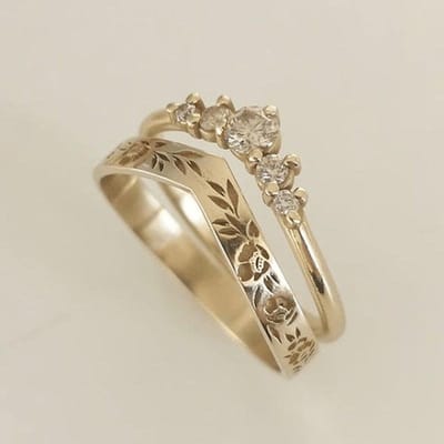 Alliance de mariage simple et élégante pour femmes, couleur or vintage, bague en V sculptée à la main avec des fleurs, ensembles de mariage pour mariée 8 or