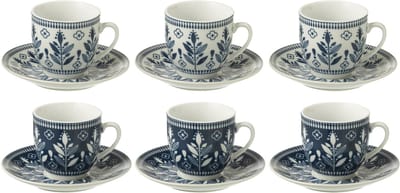 J-Line kop + schoteltje Bladeren - keramiek - donkerblauw/wit - doos van 6