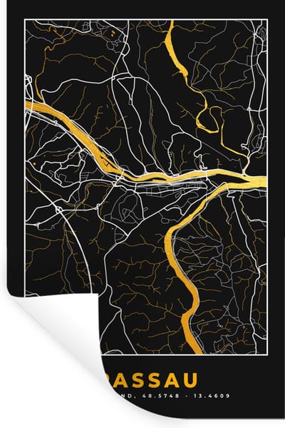 Muurstickers - Sticker Folie - Stadskaart – Plattegrond – Duitsland – Goud – Passau – Kaart - 20x30 cm - Plakfolie - Muurstickers Kinderkamer - Zelfklevend Behang - Zelfklevend behangpapier - Stickerfolie