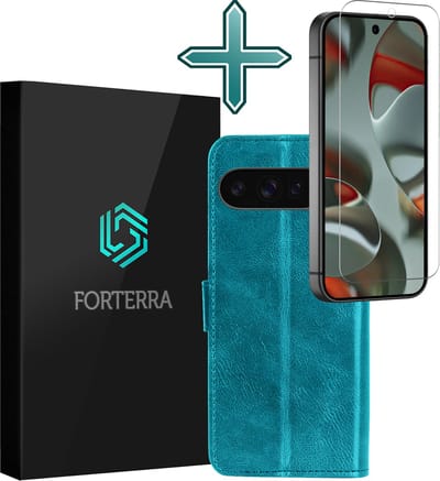 Hoesje Met Screenprotector - Geschikt voor Google Pixel 10 Pro - Luxe Pasjeshouder - Flipcase - Bookcase Portemonee - Flip Case - Kunstleer Book Case - Book Cover - Walletcase - Portemonneehoes - Turquoise