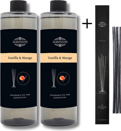 Navulling Vanille Mango - Geurstokjes Navulling Set van 2 + 5 Geurstokjes - Geurverspreider - Luchtverfrisser - Huisparfum - 400ml x 2