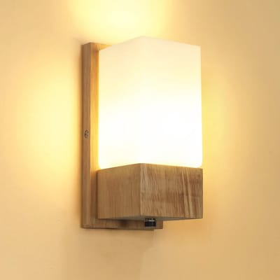 Vintage Houten Wandlamp met Glazen Kap voor Slaapkamer, Hal en Woonkamer - E27 Fitting