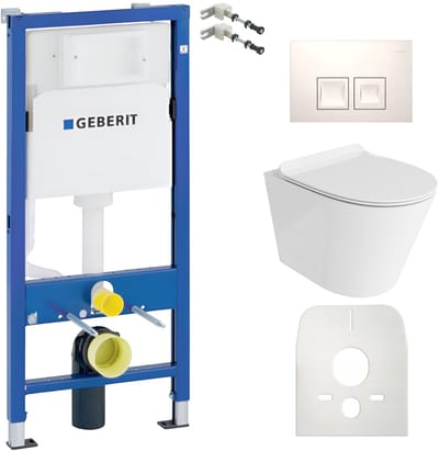 Inbouwreservoir Complete Toiletset Geberit Duofix Basic - Inbouw WC Hangtoilet Wandcloset GALVE Wit Hoogglans - Bedieningsplaat DELTA Wit - Voorwandelement - Installatiesysteem
