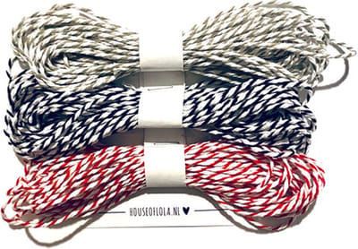 3 kleuren Bakkerstouw / Touw / Koord | 3 x 5 meter | 100% katoen | 2 mm | grijs-wit / zwart-wit / rood-wit