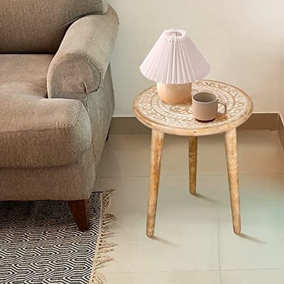 Ronde salontafel met 3 poten en snijwerk - Bijzettafel voor woon- en ingangen