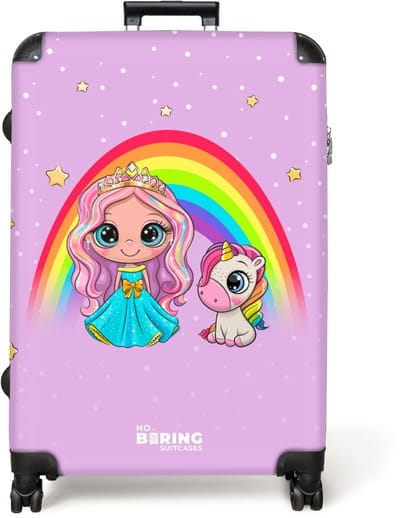 NoBoringSuitcases.com® - Koffer groot - Reiskoffer lichtgewicht - Unicorn - Prinses - Regenboog - Paars - Stippen - Rolkoffer met 4 wielen - Grote trolley XL - 98 liter bagage