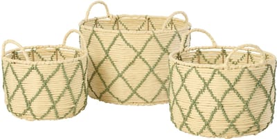 J-Line mand met handvat Rond Geruit - ijzer - naturel/kakigroen - set van 3