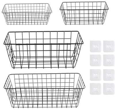 Metalen Draadmanden - 4 Stuks, Zwart, Hangend & Wandopbergmand voor Badkamer en Kantoor