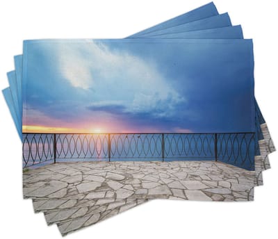 ABAKUHAUS Moderne placemats, balkonuitzicht en landschap, wasbare stof voor de keuken en de eetkamer, tafeldecoratie, bleekblauw-wit
