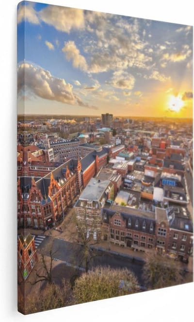 Artaza Canvas Schilderij Skyline - 30x40 cm - Klein - Wanddecoratie Zonsondergang - Muurdecoratie Groningen - Kamer Accessoires Stad