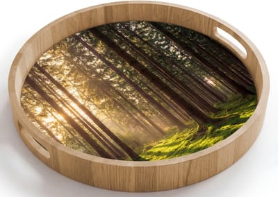 Dienblad rond 40x40 cm - Schootdienblad hout - Bos - Gras - Zonlicht - Borrelplank rechthoek - Plateau houten dienbladen
