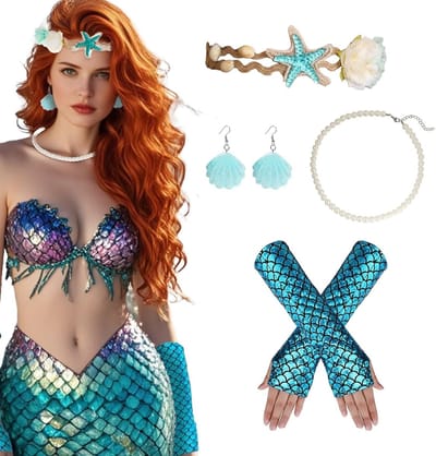 Mermaid Kostuum Accessoires voor Vrouwen - Haarband met Sterren, Schelpen, Parels en Handschoenen voor Carnaval en Cosplay