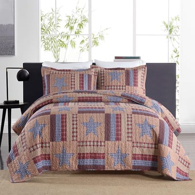 Sprei 220 x 240 cm, bedsprei, beddengoedset, 230 x 250 cm, katoen, dekbedovertrek met 2 kussenslopen, Europese mediterrane stijl, gewatteerd voor tweepersoonsbed (bruin sterrenpatroon, 230 x