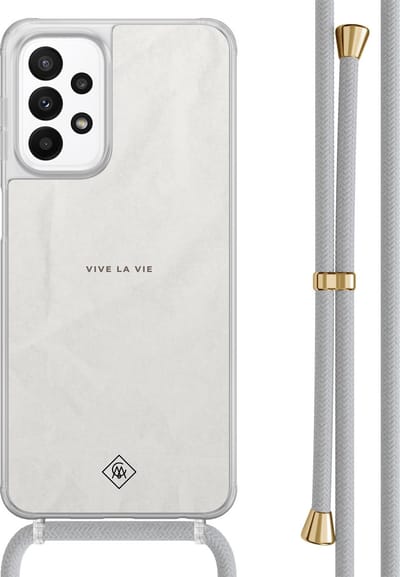 Casimoda® hoesje met grijs koord - Geschikt voor Samsung A23 - Vive La Vie - Afneembaar koord - TPU/acryl - Grijs