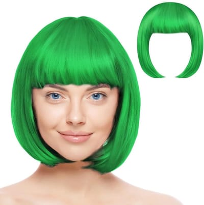 Korte Neon Bob Pruik met 2 Haarnetten - Perfect voor Mardi Gras, Themafeesten en Halloween Decoraties