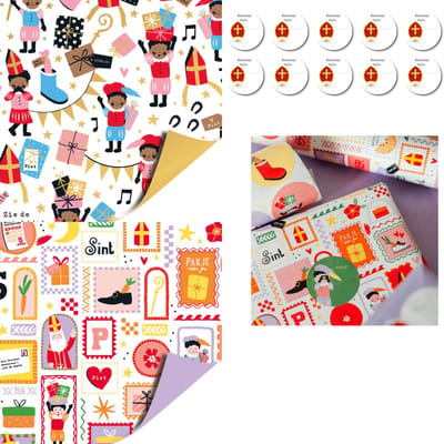 Sinterklaas Cadeaupapier Dubbelzijdig – Pieten Party & Sinterklaasfeest – 2 Rollen 70x200 cm + 10 Stickers | Inpakpapier
